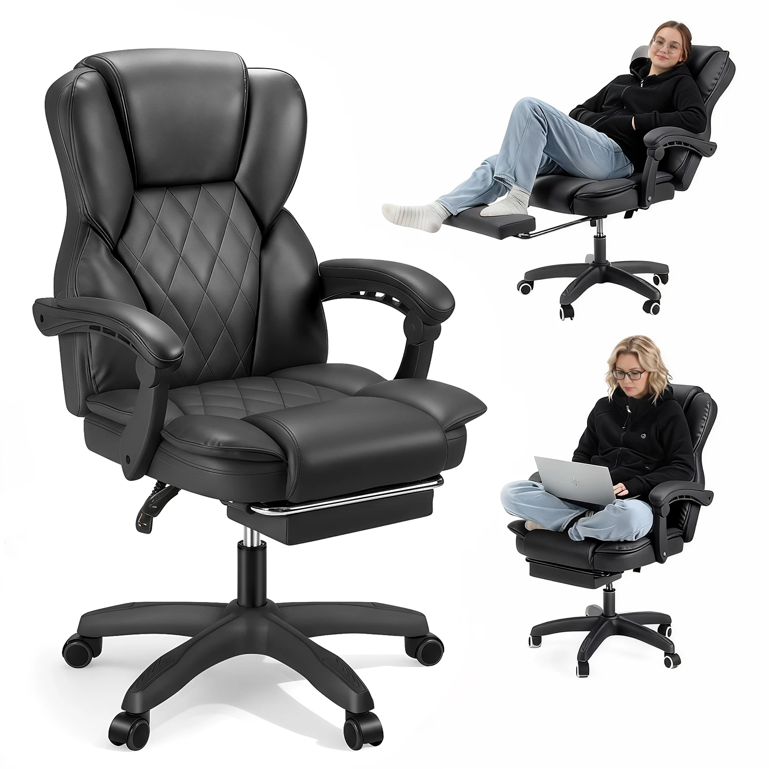 Image of OYAJIA Bürostuhl, ergonomischer Bürostuhl aus PU-Leder, 150 kg Tragkraft, verstellbarer Computerstuhl mit hoher Rückenlehne, Chefsessel mit Fußstütze und Lendenwirbelstütze, Schwarz/Weiß