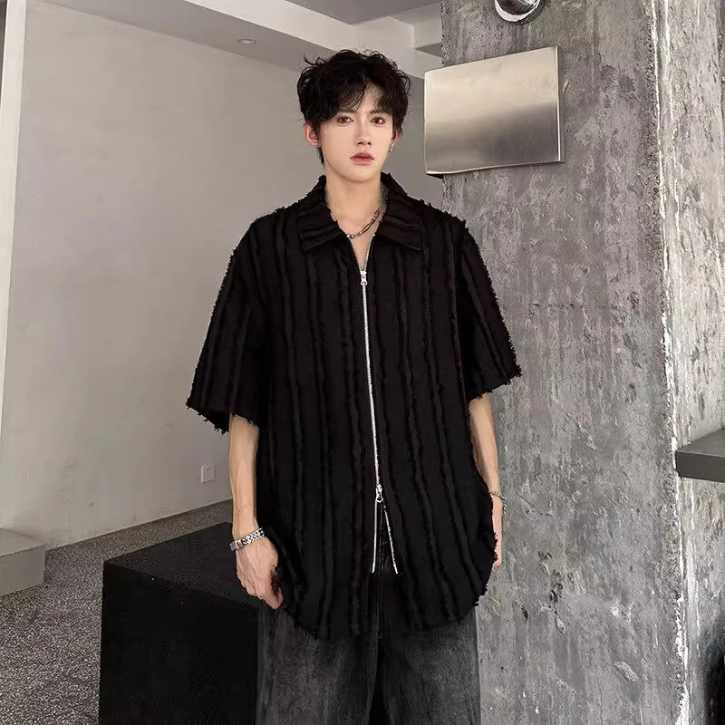 Men's 2025 Summer New Niche Trendy Retro Tassels Short Sleeve Shirts Men's Fashion Double Zipper Tops Male Stylish Lapel Shirts