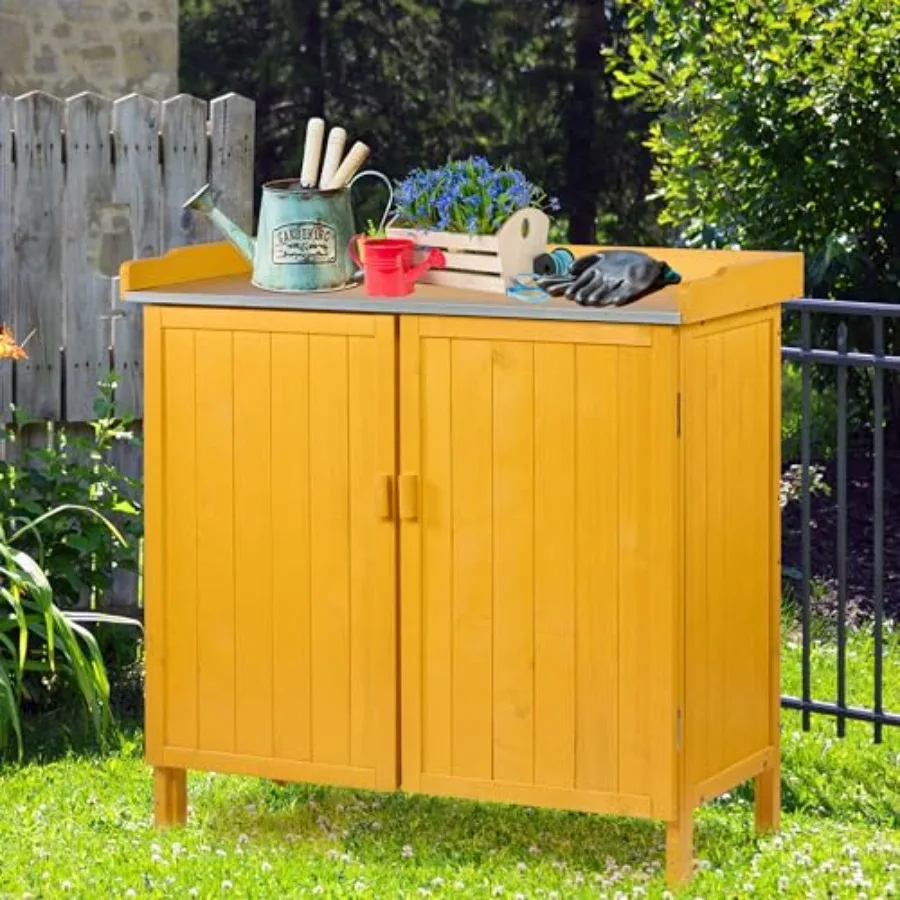 Outdoor Storage Cabinet with Potting Bench and Metal Tabletop, Wooden Planting Workstation for Garden Patio, Weatherproof