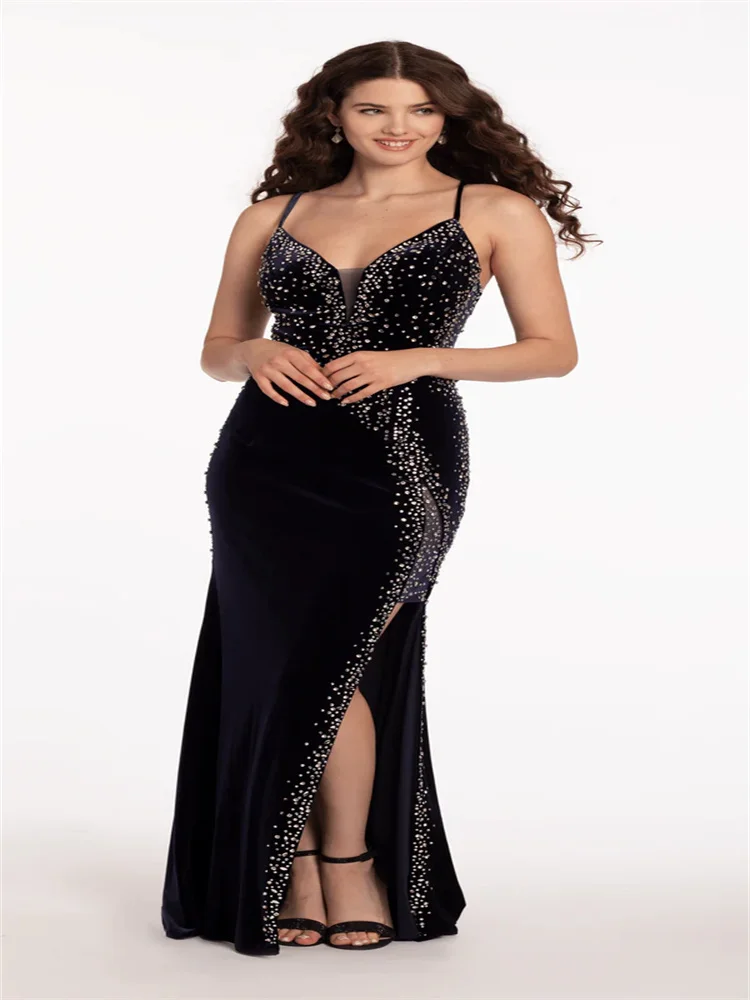 Customized Charming Velvet Rhinestone Flare Dress Deep V Neck Side Cutout Bodice Small Rhinestone Embellished Evening Gown