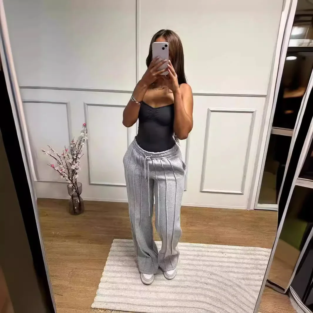 ربيع وصيف جديد السراويل عارضة اللون الصلبة. السيدات تصميم بسيط مرونة الخصر الرباط فضفاض الضغط مطوي السراويل واسعة الساق