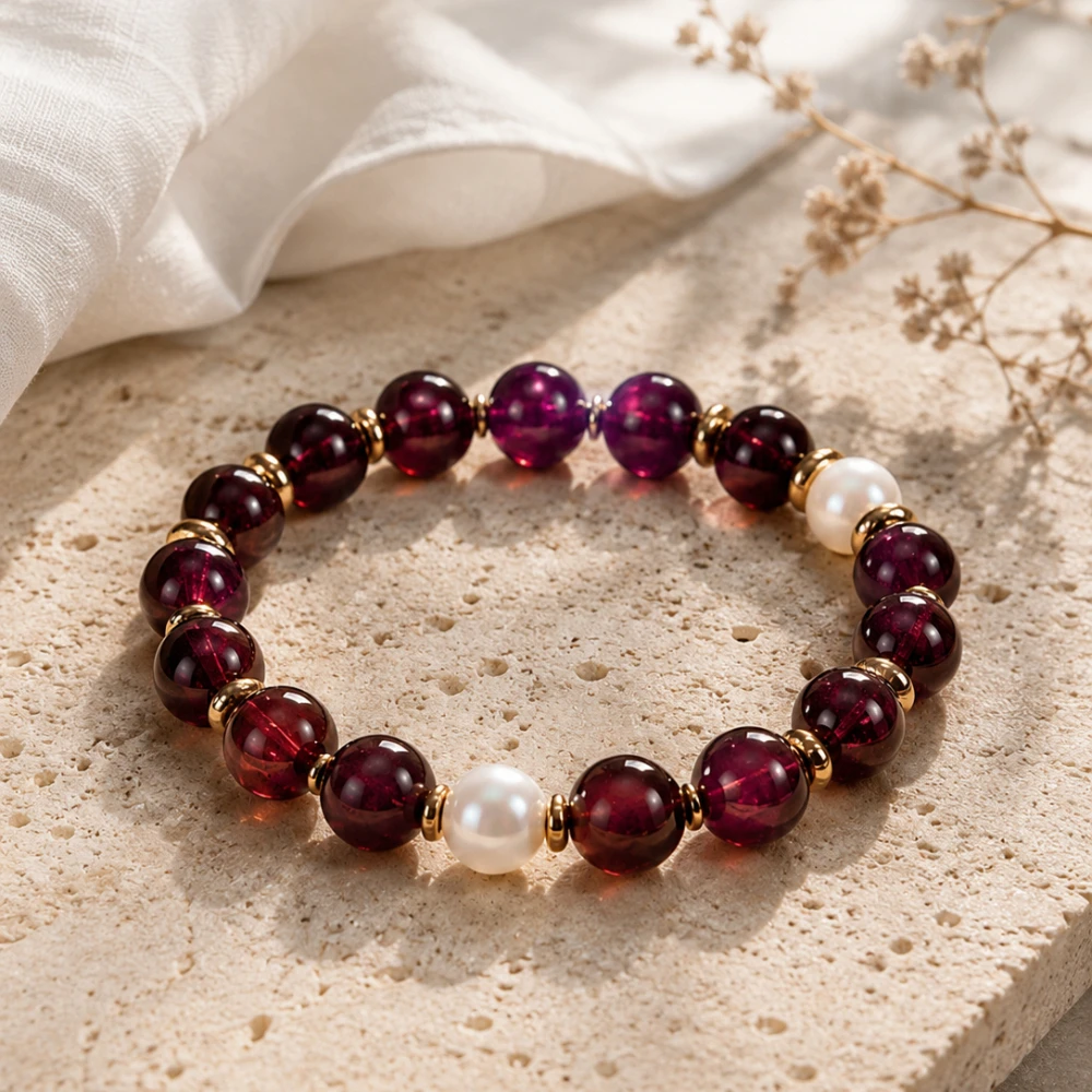 

Natural Garnet Bracelet for Men Women, Mother of Pearl Beaded Jewelry Gift