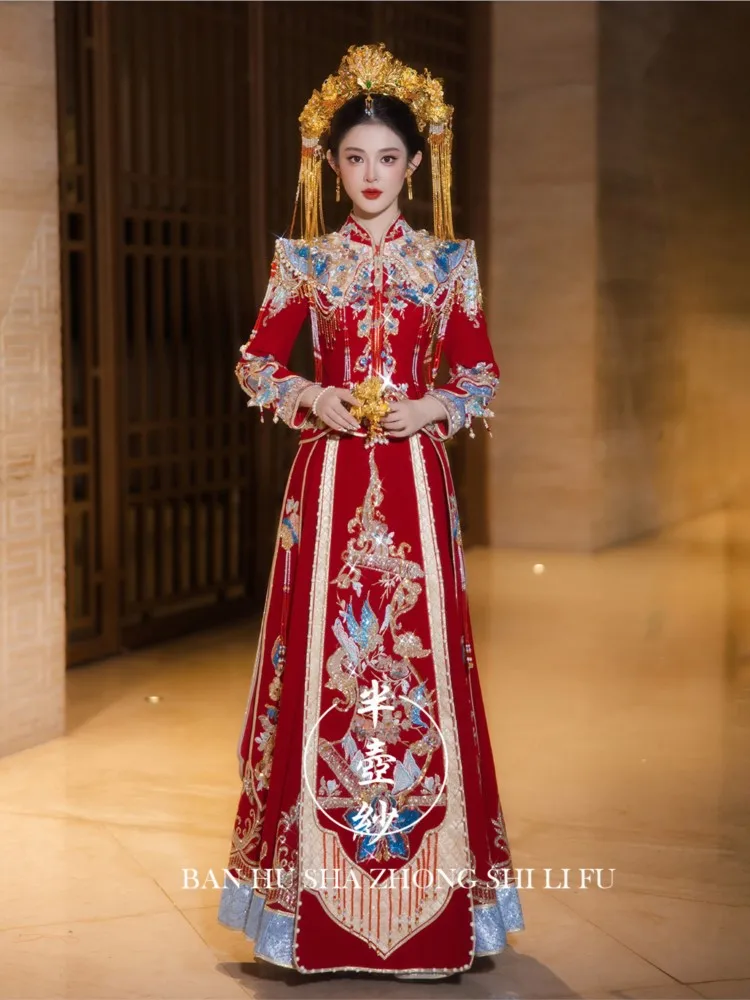 Chinese-style wedding attire bride's dress heavy industry set color-blocking toasting for women