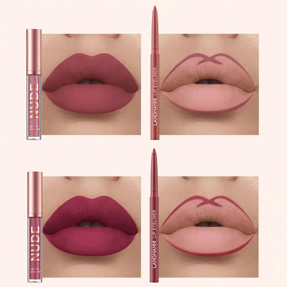 Gemakkelijk Te Kleuren Lipgloss Langdurige Lipliner Matte Lipgloss Set Waterdichte Anti-Aanbaklaag Cup Plumping Lip Glazuur Met Voor Blijvende