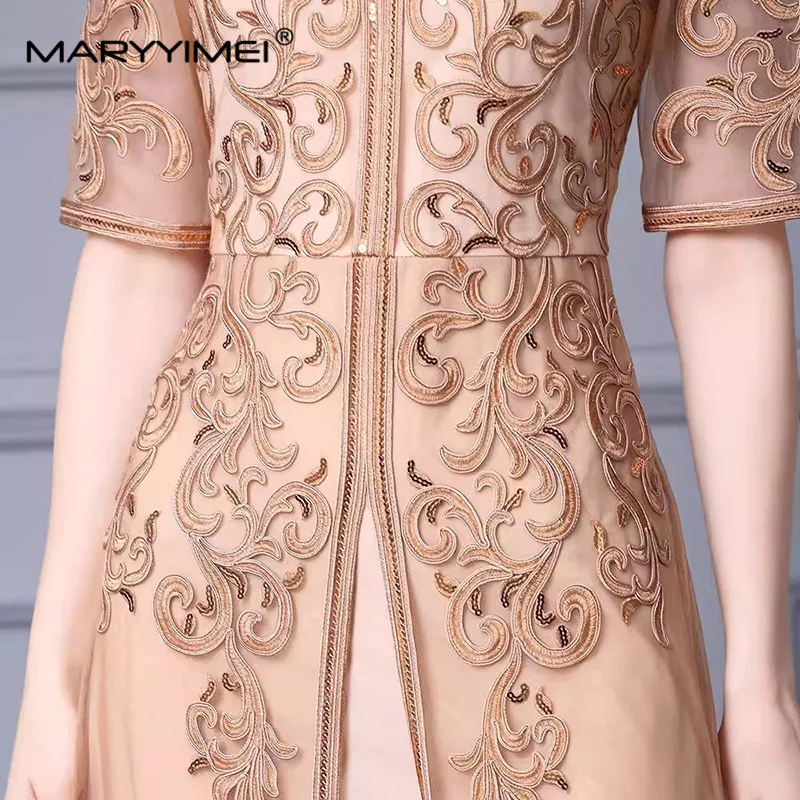 MARYYYIMEI-Vestidos femininos com decote em v, mangas curtas, lantejoulas de malha, cintura alta, cor sólida, design de moda, primavera, verão