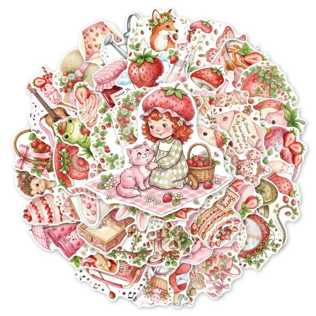 Retro Strawberry Farm Themed Sticker Pack 50 Sheets Whimsical Bunny & Bear Graffiti Stickers for Planner RecordingYourLife Store