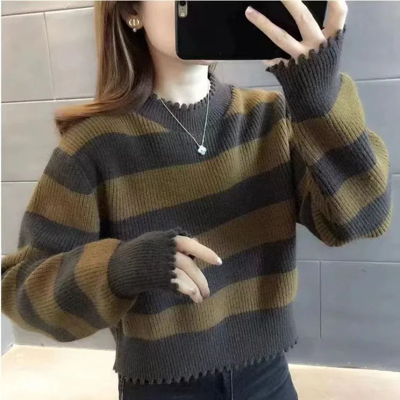 Korean Fashion Autumn Sweaters Women O-Neck Striped Contrast Color Thicken High Waist Long Sleeve Pullovers Short Knitted Tops