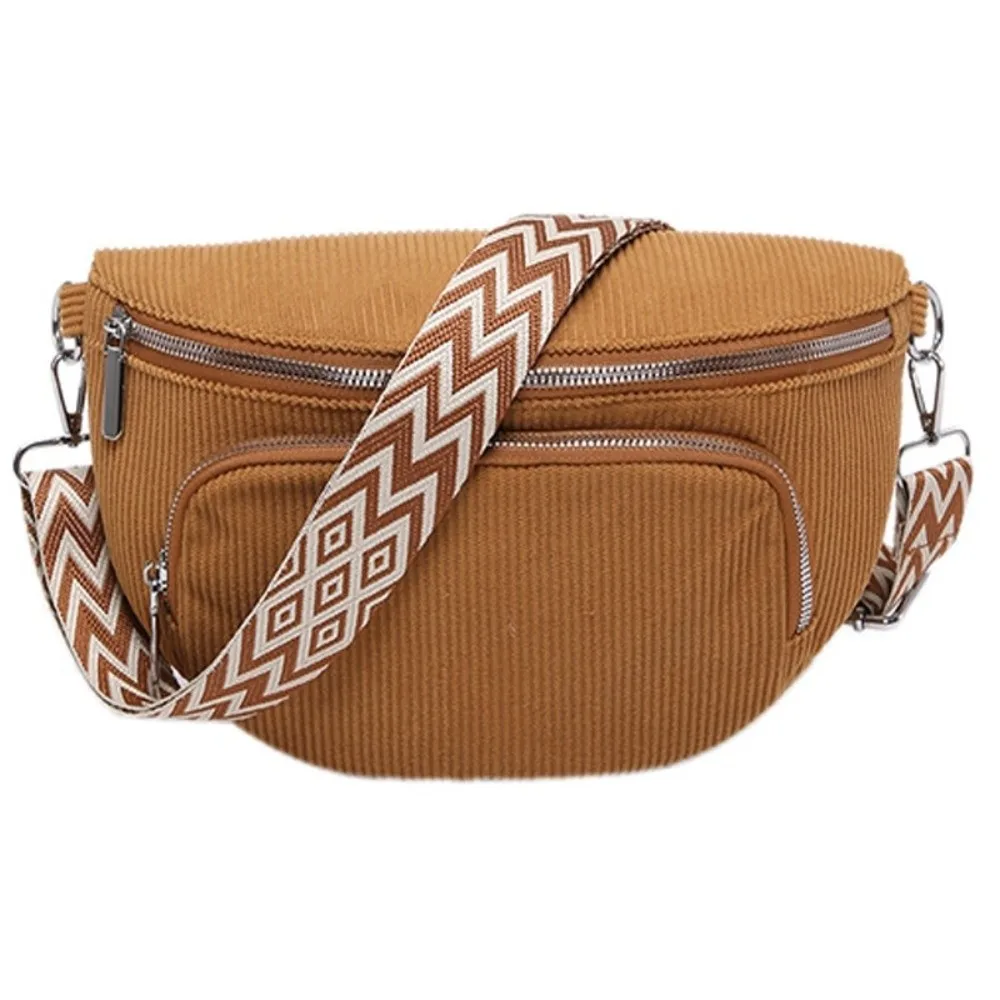 

Casual Corduroy Waist Bag Multi-pockets Wide Guitar Strap Crossbody Bags Zipper Chest Bag Outdoor