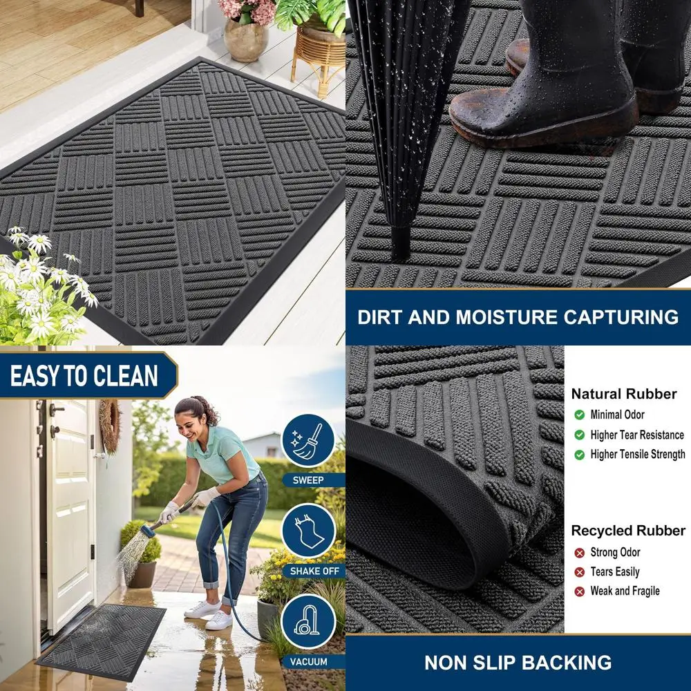 

Прочный коврик для двери из натурального каучука, нескользящий, удерживает грязь и влагу, легко чистится, низкопрофильный, для патио, веранды или входа, 47x32 дюйма.