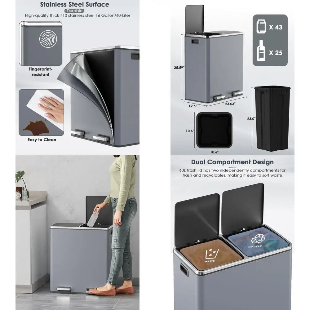 

60L Dual Stainless Steel Trash Can with Separate Compartments, Plastic Inner Buckets, Soft-Close Lid, Airtight, Grey