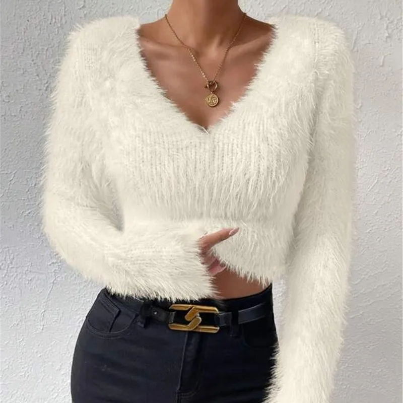 

Women's Sweater 2024 Autumn and Winter New Solid Color V-neck Slim Fit Versatile Casual Fluffy Long Sleeved Crop Sweater