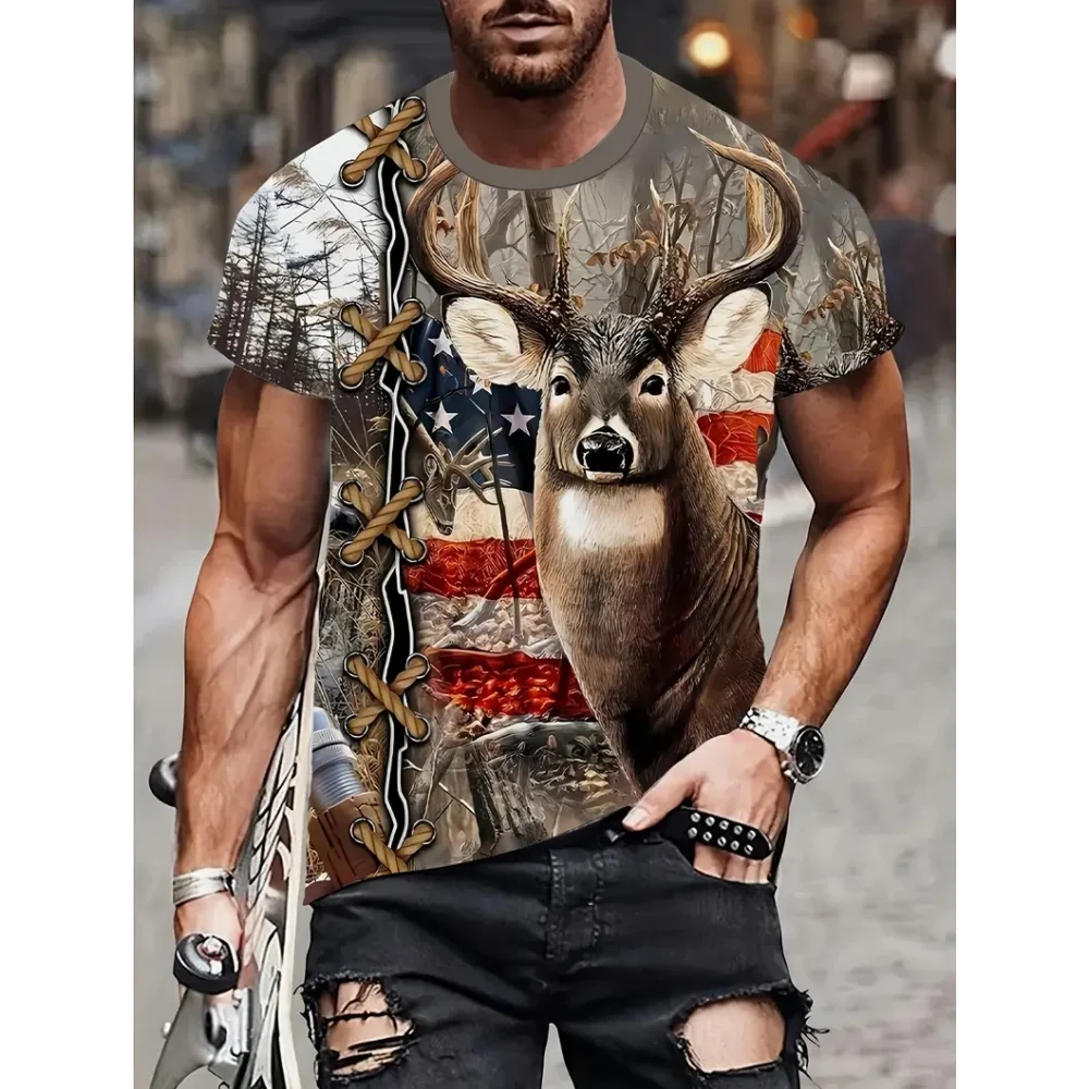 Elk Animal Forest Series Men\'s T-Shirt Fashion Short Sleeve Summer 3d Printed Men Clothing T Shirt Men Vintage Daily Casual Tops