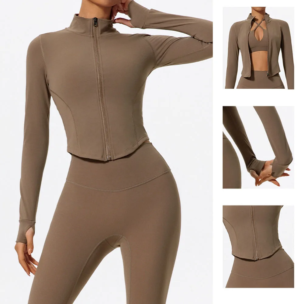 

Women's Quick-Dry Yoga Jacket - Slim-Fit Zipped Stand Collar Long Sleeve Workout Top