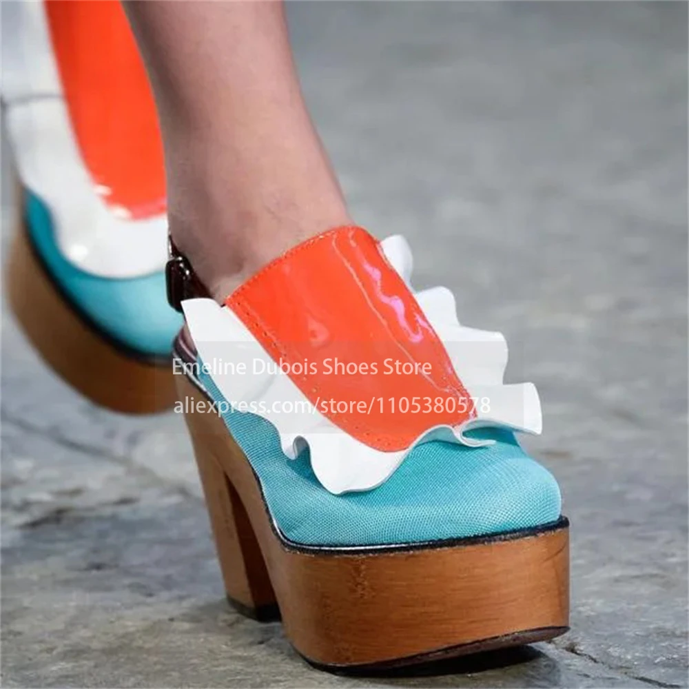 Color Block Ruffle Canvas PU Chunky Platform Clogs Round Toe Slingback High Heel Muffin Shoes Runway Designer Style Fashion