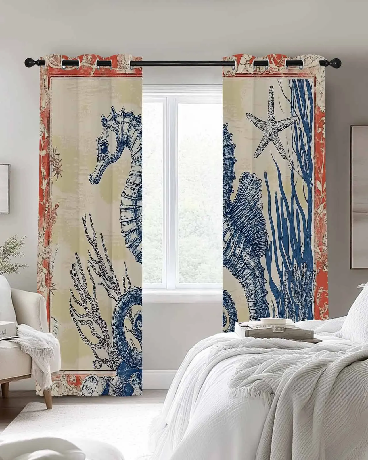 

Retro Ocean Seahorse Window Curtains Living Room Outdoor Fabric Drapes Curtain Home Decor