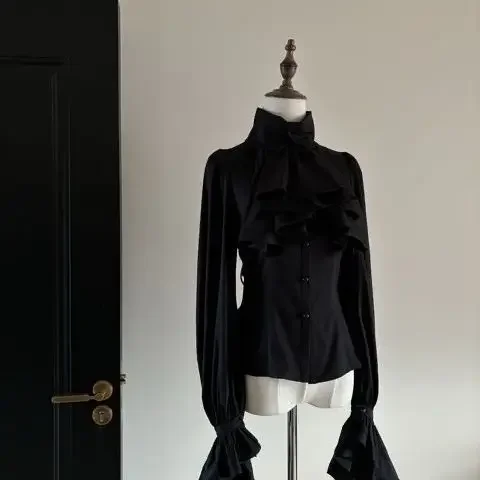 Lolita Sweet Flare Sleeve Blouse Y2k Aesthetic Ruffle Grunge Bodycon Shirt Tops Women Harajuku Single Breasted Vintage Blusas