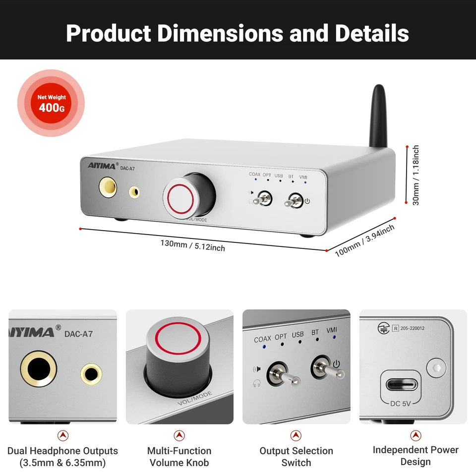 DAC-A7 Bluetooth5.4 ヘッドホンアンプ 24bit AIYIMA DAC-A7 ブルートゥース5.4 ヘッドホンアンプ