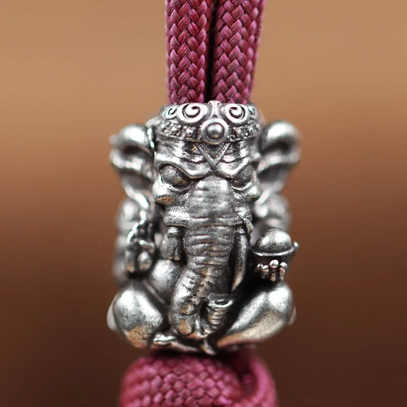 Thailand Sitting Elephant God of Wealth Brass Knife Bead EDC Outdoor DIY Woven Paracord Lanyard Charms Pendant Accessories Retro