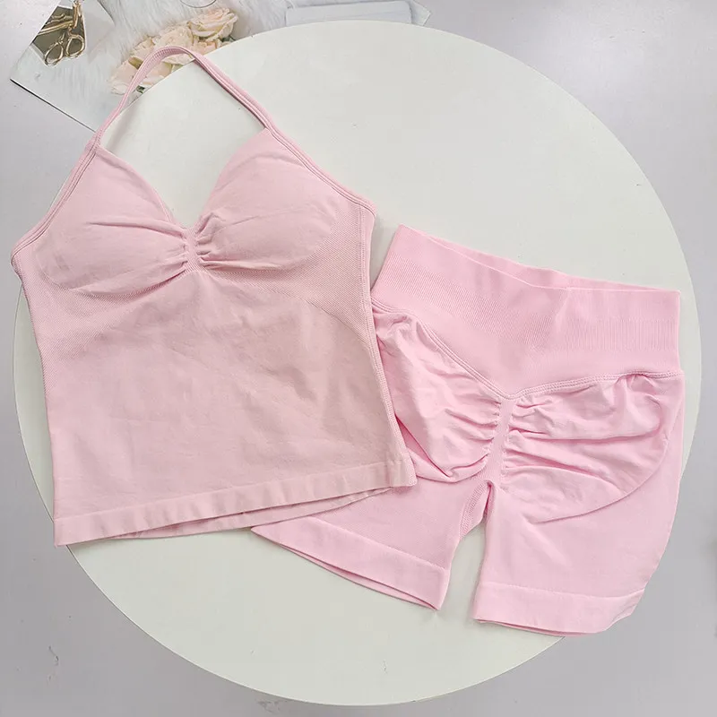 Summer Yoga Two-Piece Set for Women, Thin Strap Halter Neck Fitness Tank Top, High-Waisted Butt-Lifting Fitness Shorts