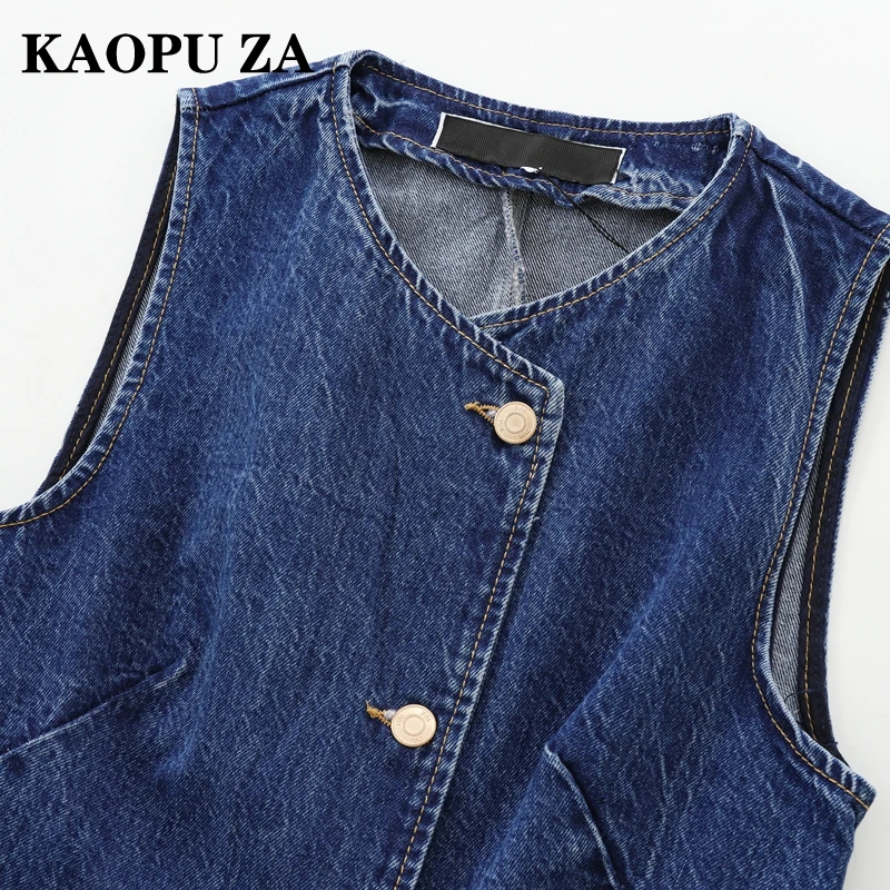 KAOPU ZA 2024 New Spring Ladies Fashion Sleeveless Denim Long Vest Button Down Waistcoat Casual Petite Top