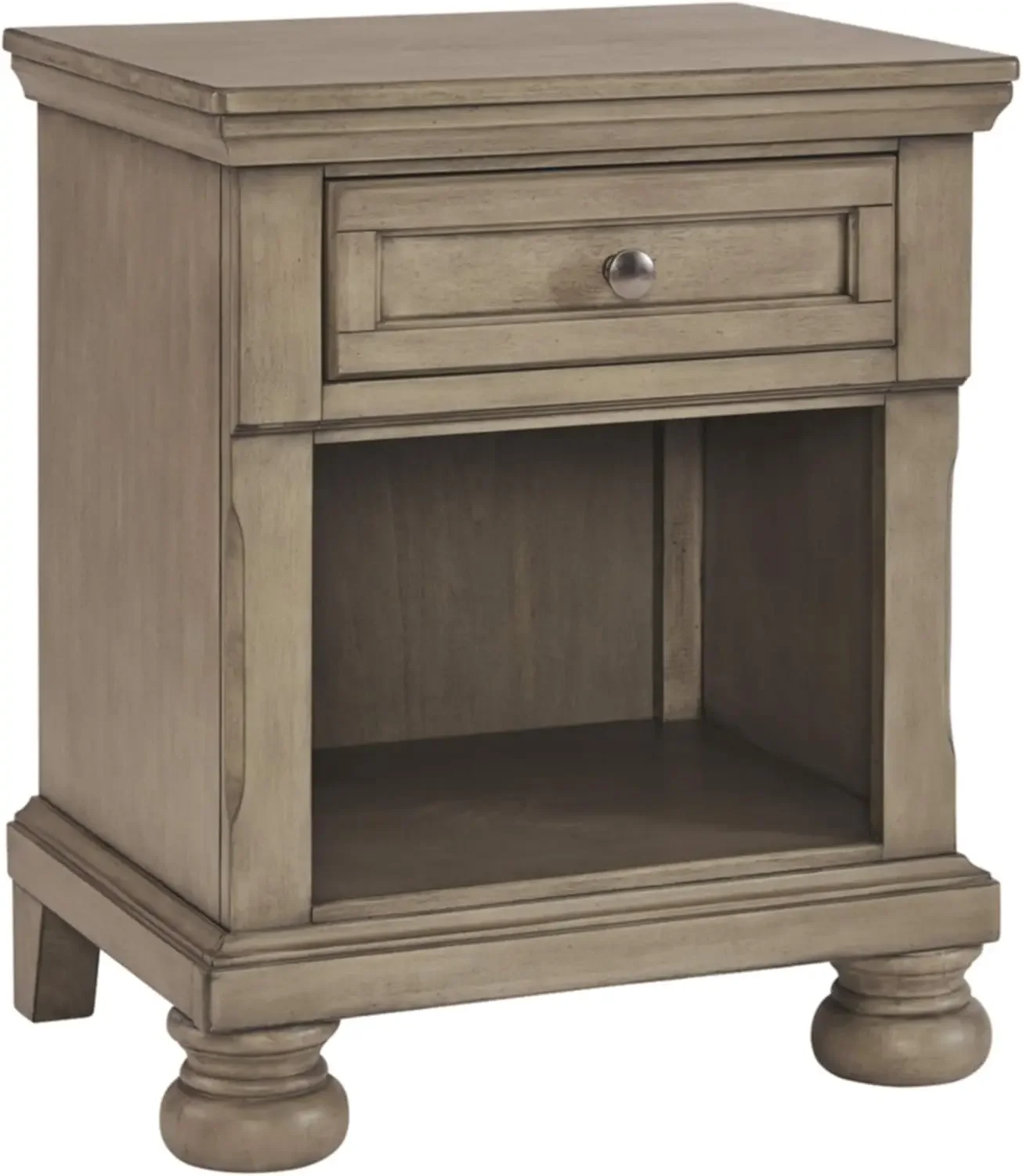 Nightstands inlaid panels silvertone patina hardware and bun feet roomy smooth-gliding drawer with dovetail