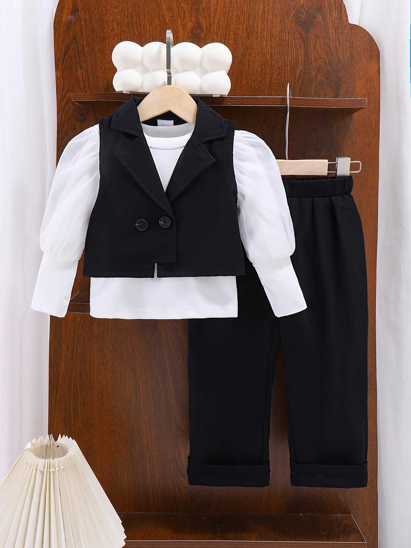 Girls' Fashion Three-Piece Suit: White Cuff-Fitted Top + Black Buttoned Vest + Black Trousers
