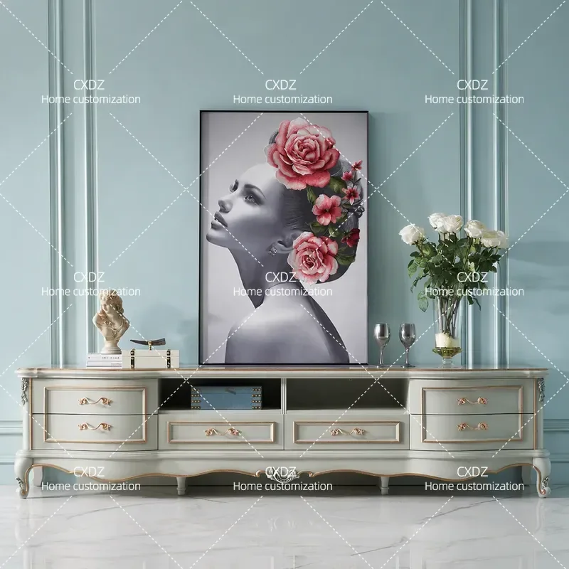 2.4M Solid Wood TV Cabinet French Style Living Room Storage Floor Cabinet High End European Villa Furniture Custom Media