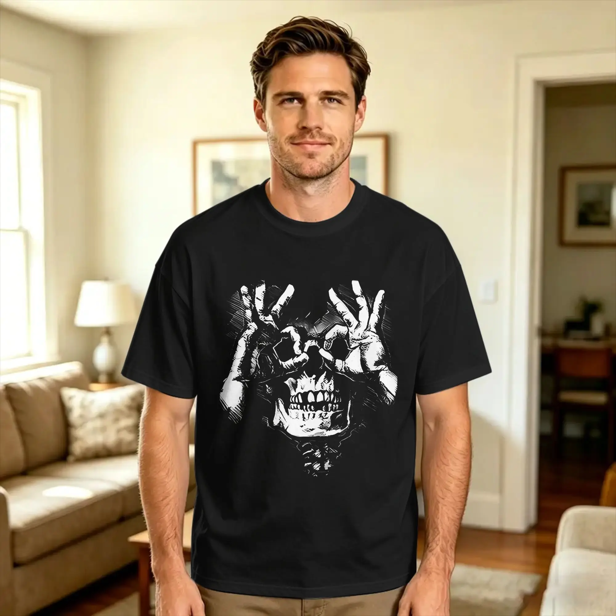 Skull with ok Pattern Graphic T-Shirt Summer Harajuku T-Shirts Pure Cotton Round Neck Plus Size Top Tees Short Sleeve Y2K Tshirt