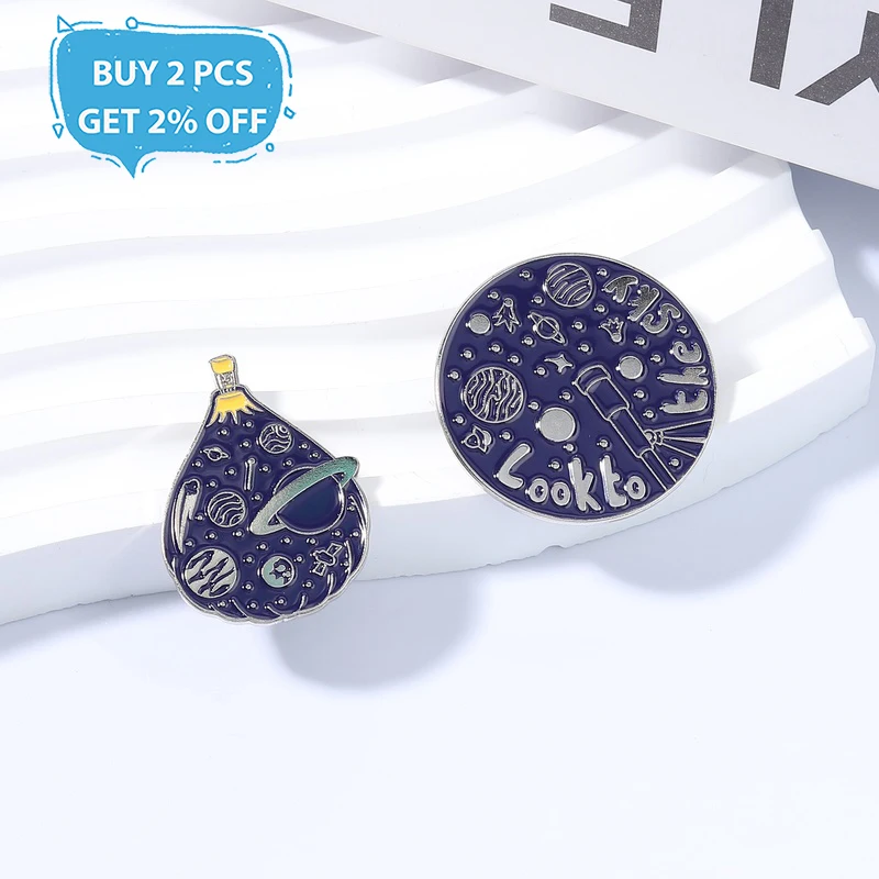 Cute Space Enamel Pins Look to the Stars Metal Brooches Fashion Lapel Badge Backpack Clothes Jewelry Gift for Friends