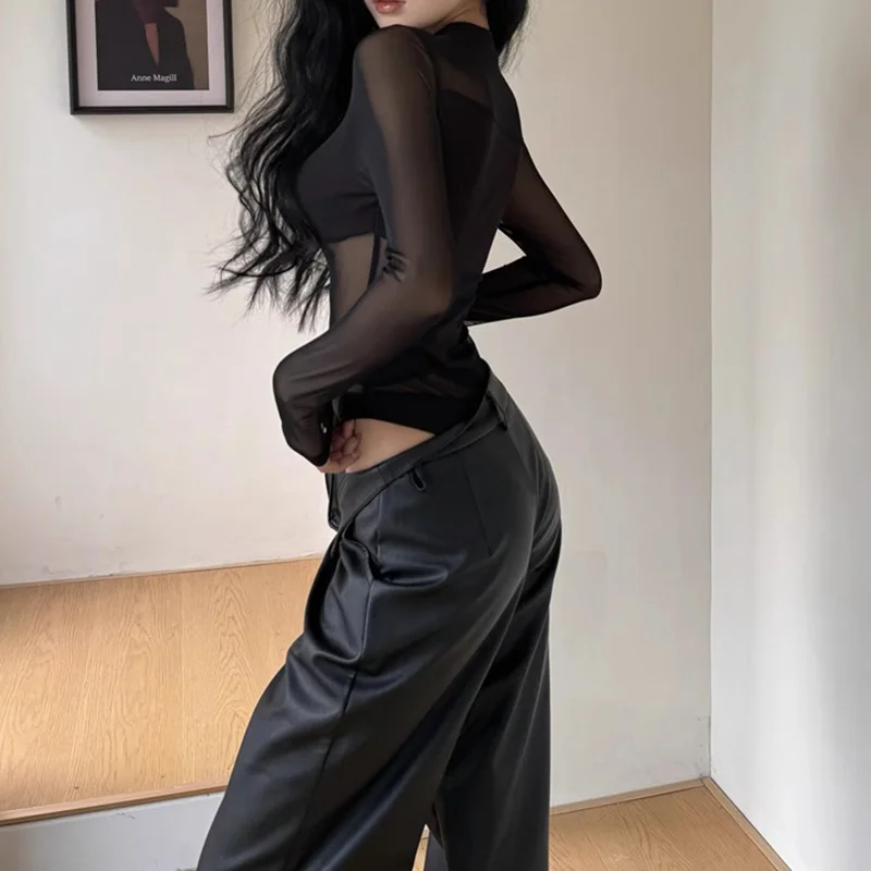 Sexy Perspektive Y2k Kleidung Aushöhlen Bodys Mesh Sheer Top Frauen Langarm Patchwork Body Schwarz – Detail 10