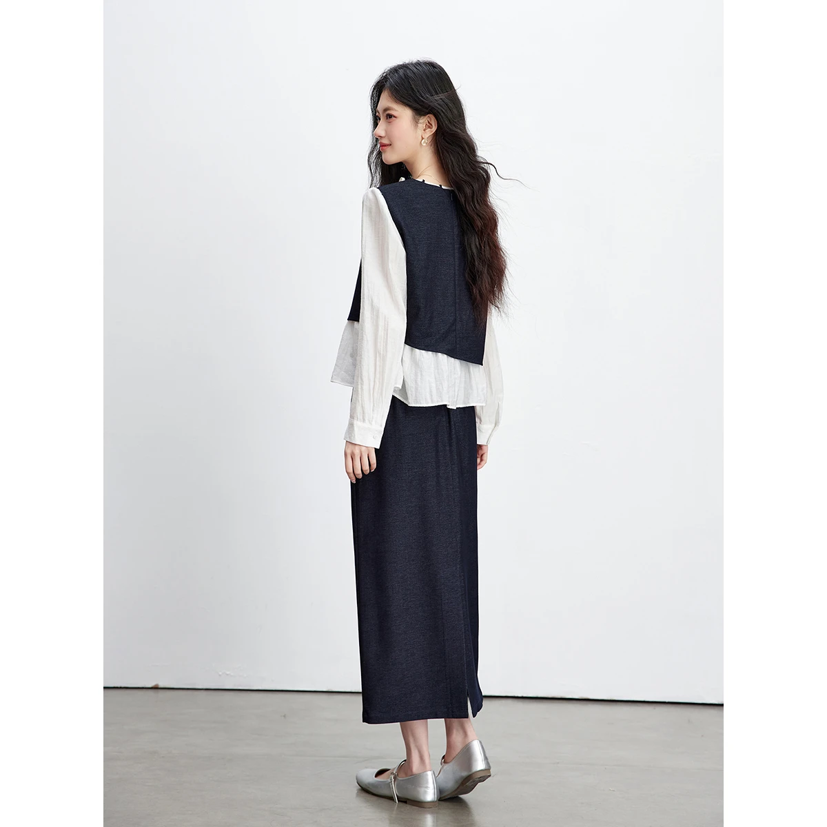 VIMLY Women's Elegant Color Block Skirt Sets 2026 Spring New Fake Two-Piece Embroidery Splicing Top Minimalist Midi Skirt A3995