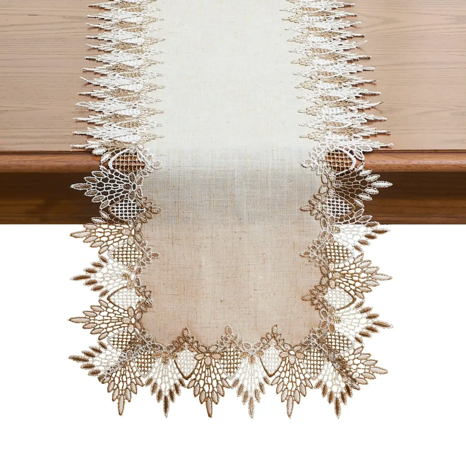 Elegant Natural Linen Table Runner in Earth Tones with Beautiful Beige Lace - Perfect for Coffee Table, Dresser or Kitchen Party