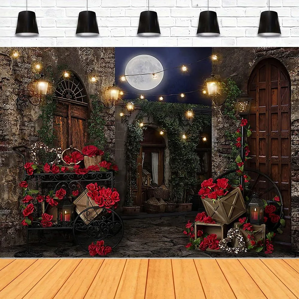 Romantic Vintage Alley Photography Backdrop Town Night Red Rose Stone House Adult Portrait Photoshoot Travel Party Background