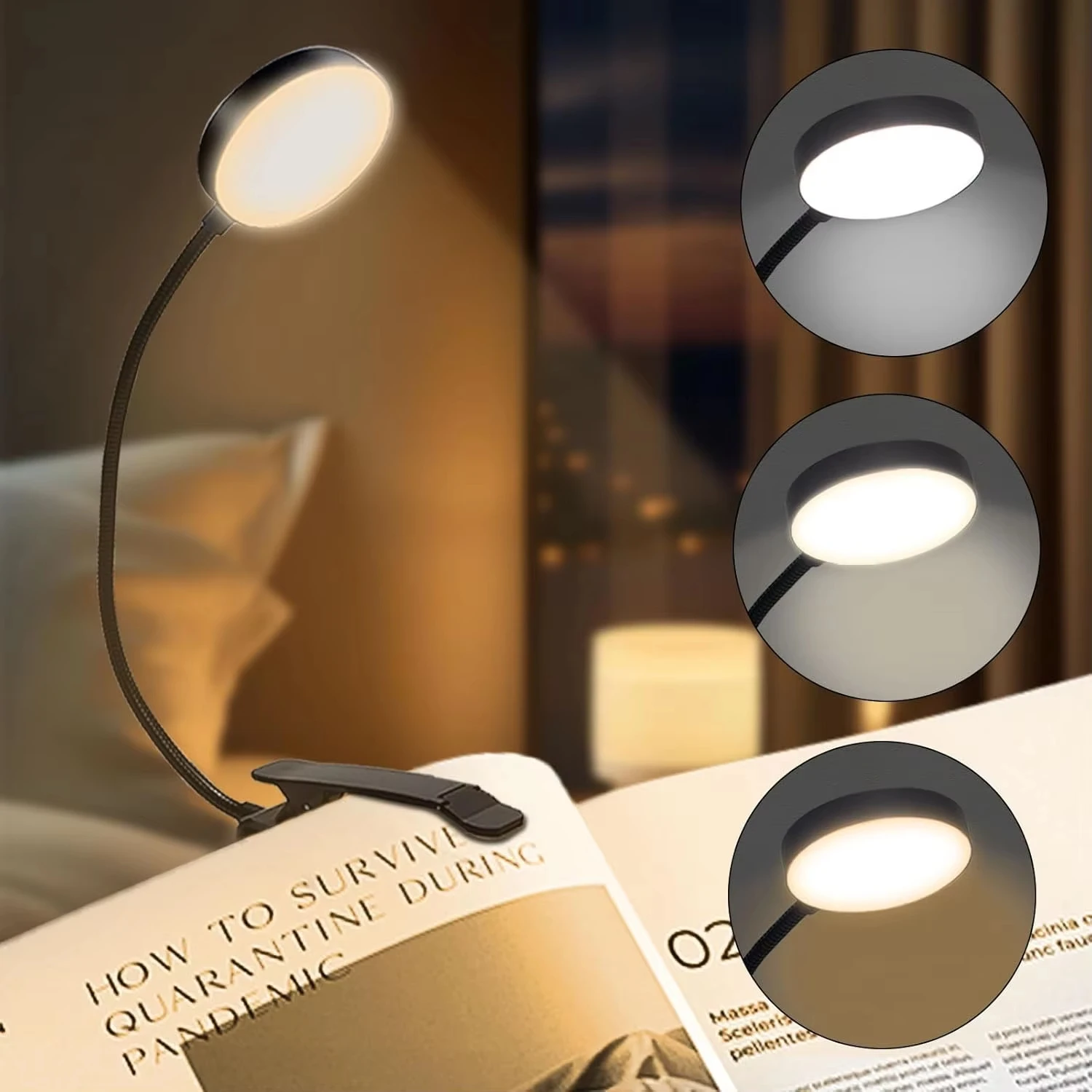 LED Clip On Reading Light Button Type Stepless Dimming Clip Type Book Light 360 Degree Freely Rotatable Suitable for Home Office