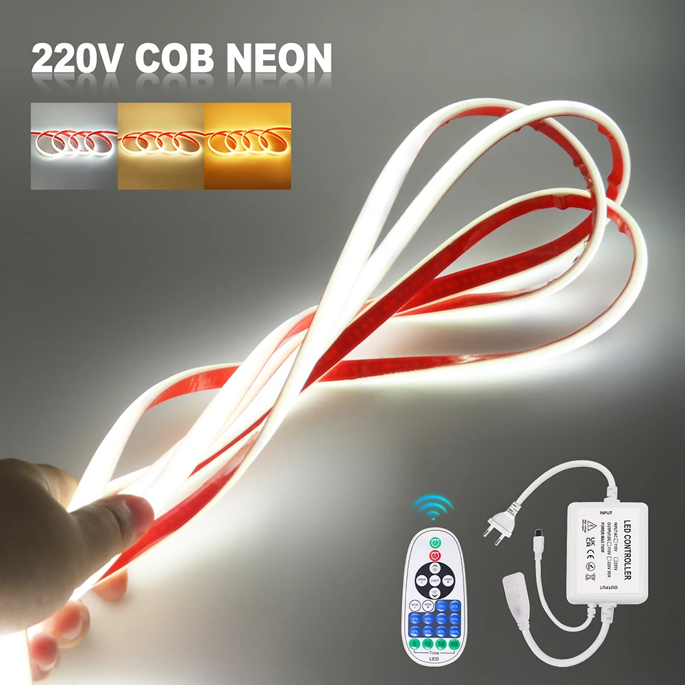 Dimmable 220V 230V COB LED Neon Strip Light 23Key IR Remote Control EU UK AU Plug 240LED Flex Tape Waterproof Warm Natural White