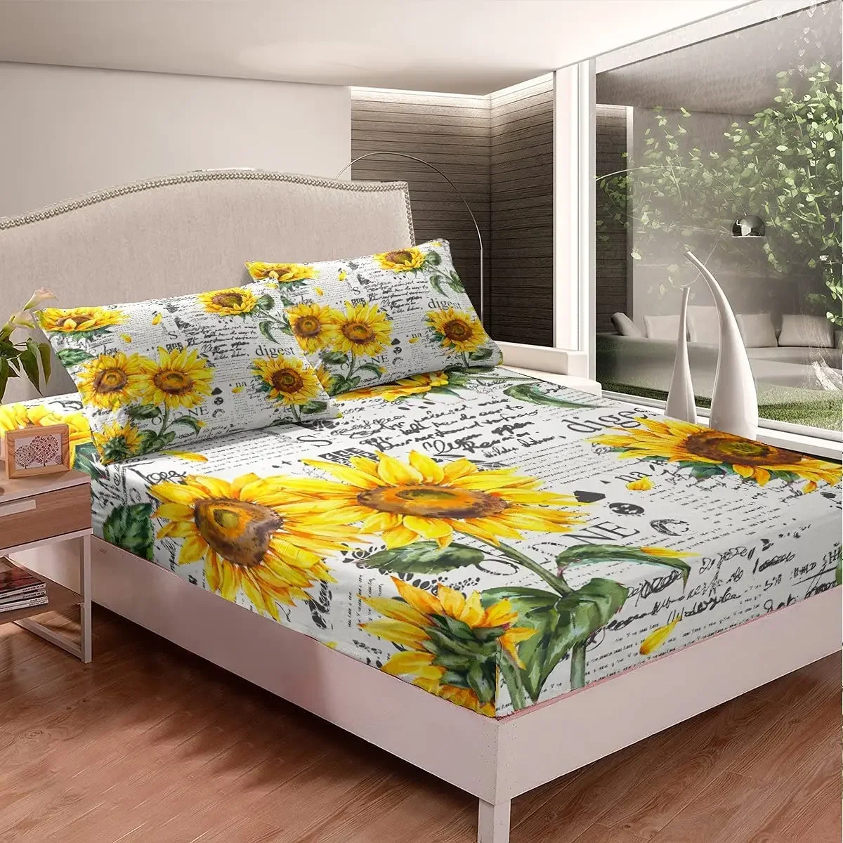 Sunflower Floral Fitted Sheet Full King Size, Old Newspaper Design, Retro Fashion Plant Bedroom Decorative Bedding Deep Pocket