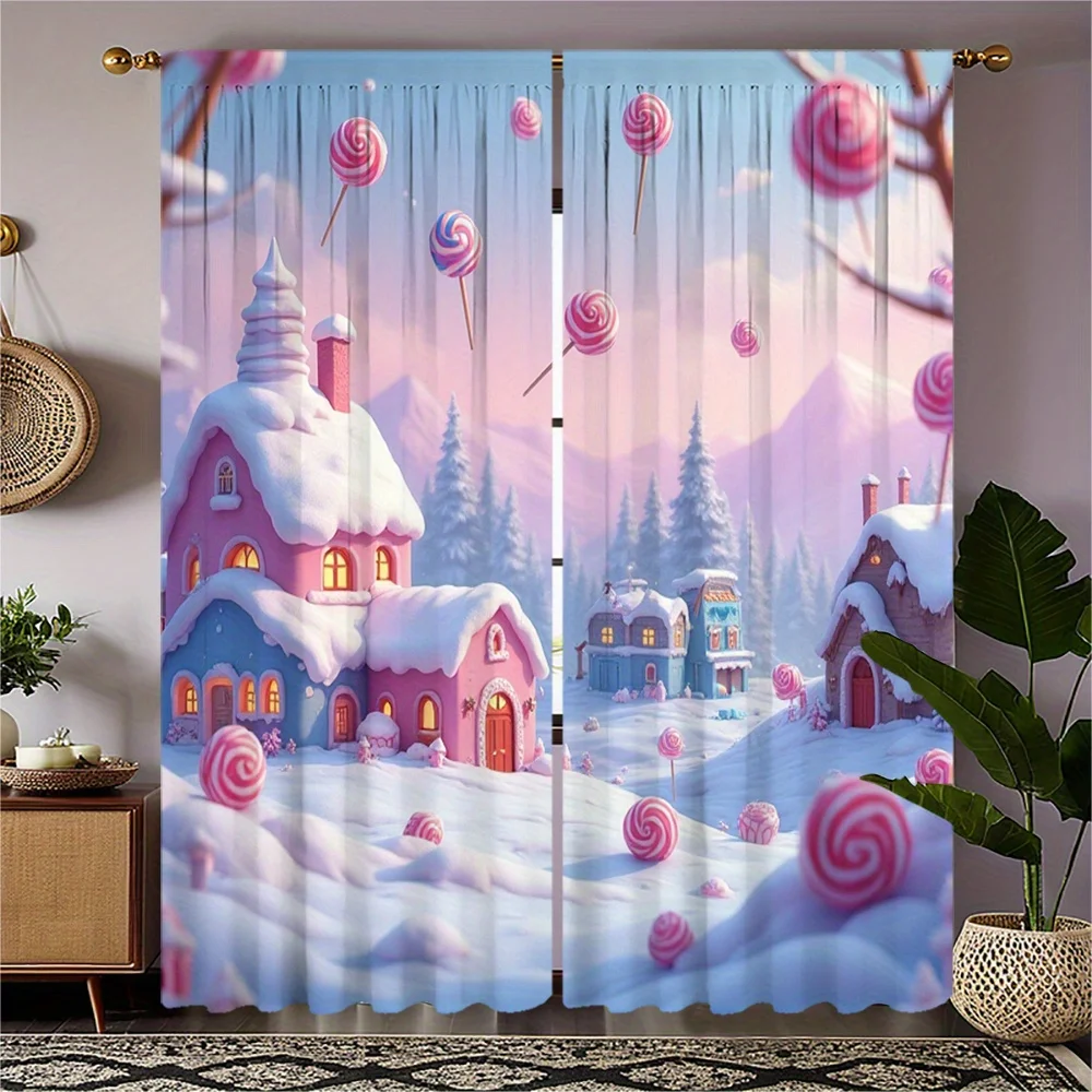 2pcs Christmas Curtains - Soft Warm Brown with Pink & Snowy Winter Scene, Blackout Privacy Window Drapes for Living Room, Bedroo