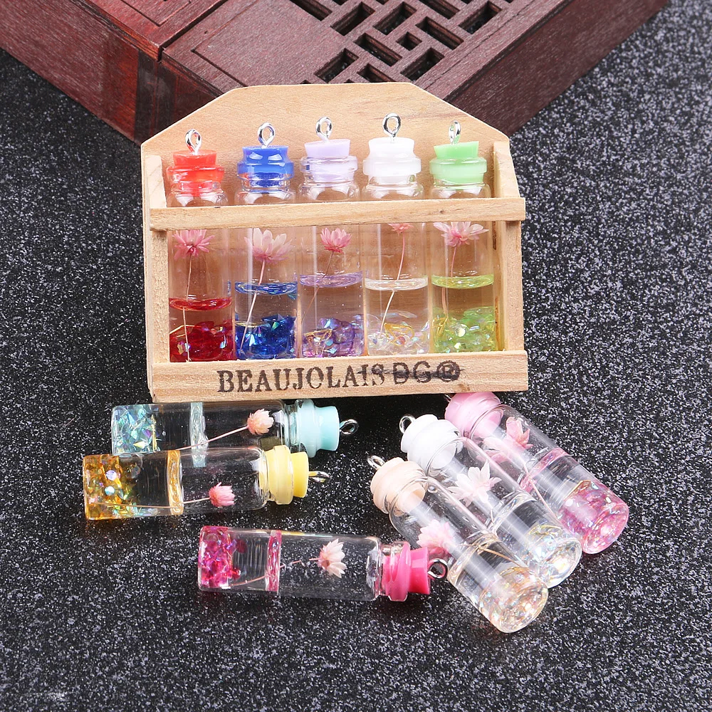 10pcs Wishing Drifting Bottle Pendant Colorful Dried Eternal Flower Glass Charms Jewelry Making DIY Necklace Earring Accessories