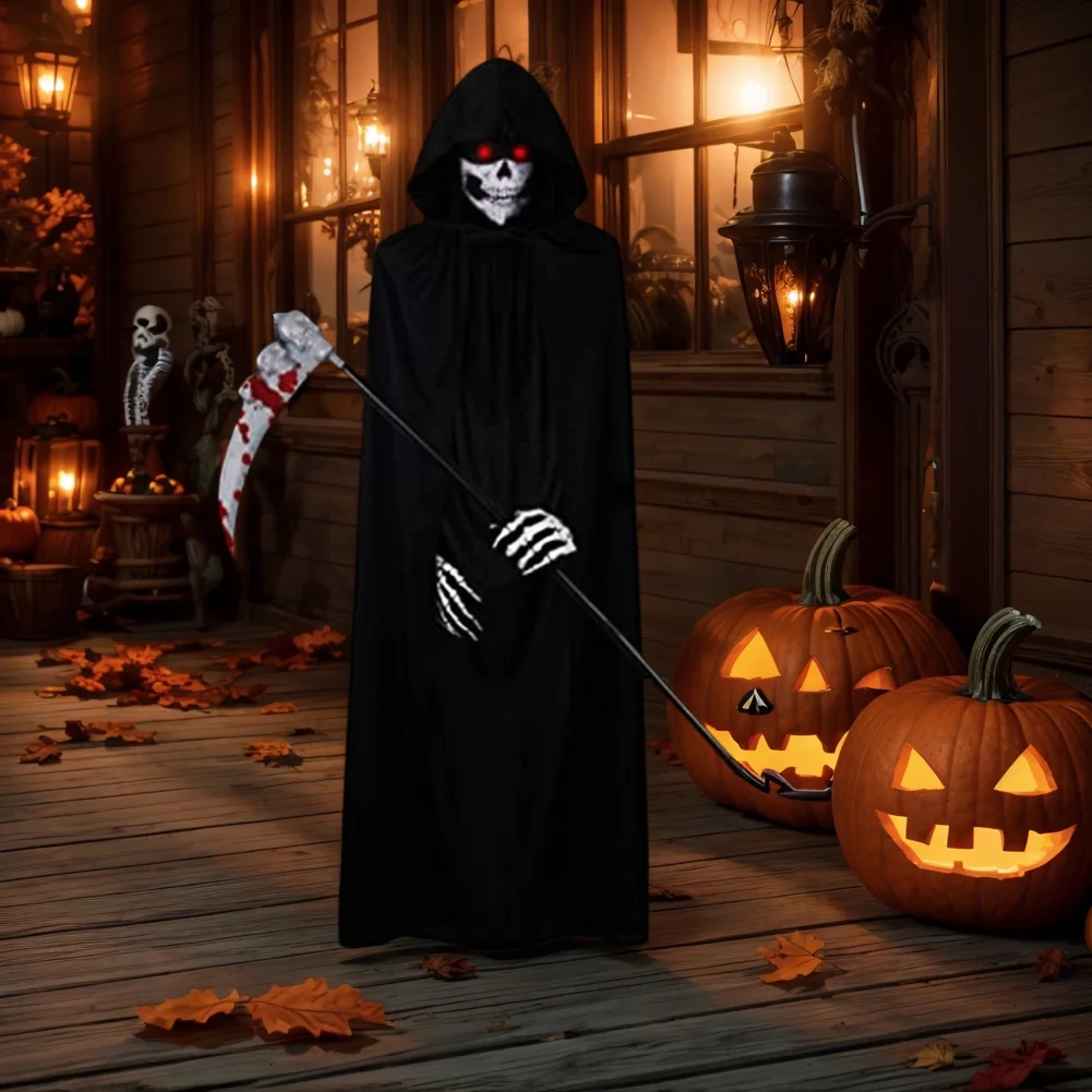 

Halloween Grim Reaper Costume with Death Scythe Gloves Luminous Glasses & Mask Scary Costume