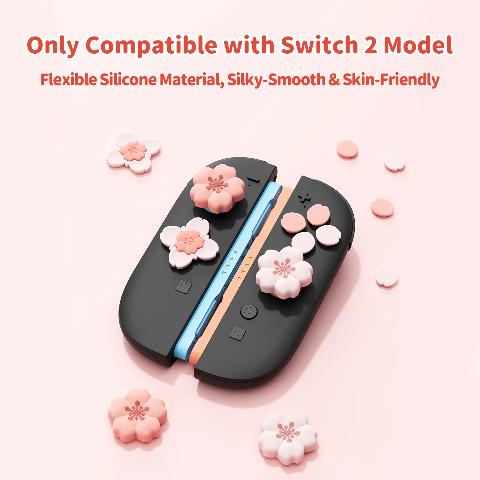 GeekShare Sakura Cross D-Pad Button Caps Thumb Grip Caps Set for Switch 2, Cherry Pink ABXY Key Buttons Sticker Cover Caps