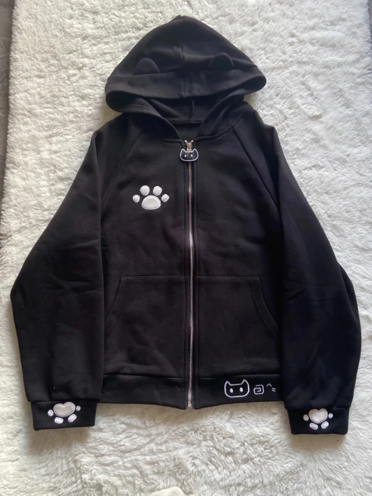 Casual Cartoon Embroidery Cat's Ears Hooded Hoodies 2025 Autumn Grunge Zipper Black Sweatshirts Y2k Aesthetic Loose Pocket Coats