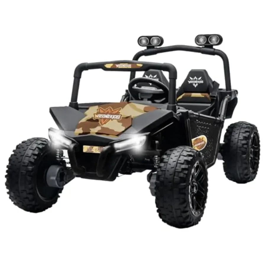 

Outdoor race truck ride-on toy for kids 3-8, desert-colored ABS plastic electric car with 4×75W motors, Bluetooth speaker, and