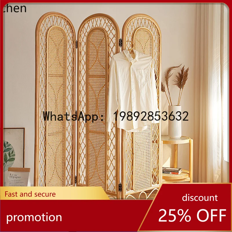 YFY   New Chinese Style Three-Leaf Plant Rattan Screen Living Room Home Folding Screen Handmade Agate Rattan Screen