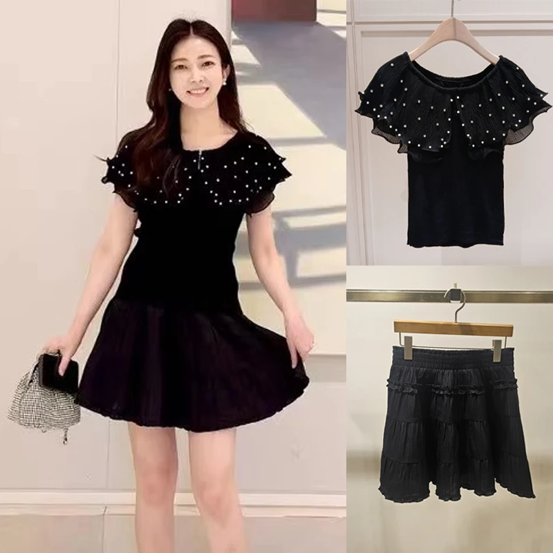 

Ele Beaded Pleated awl Two-Way Wear Knitted Top Women's Faion f-Skirt with Wood ain Summer Outfit Set