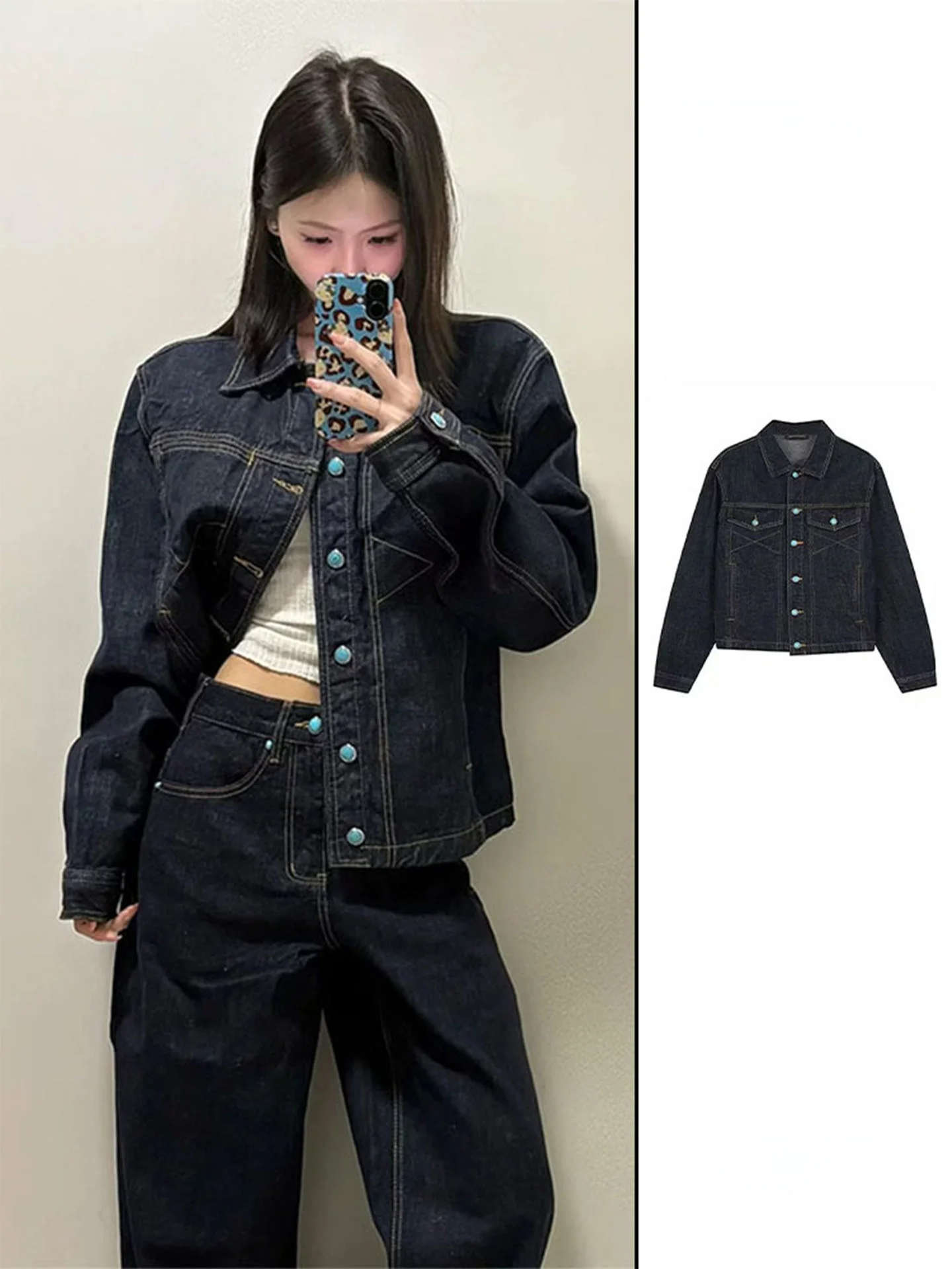 American Retro Original Denim Jacket Women's Spring Autumn Turquoise Short Loose Casual Top Breathable Straight Tube Design