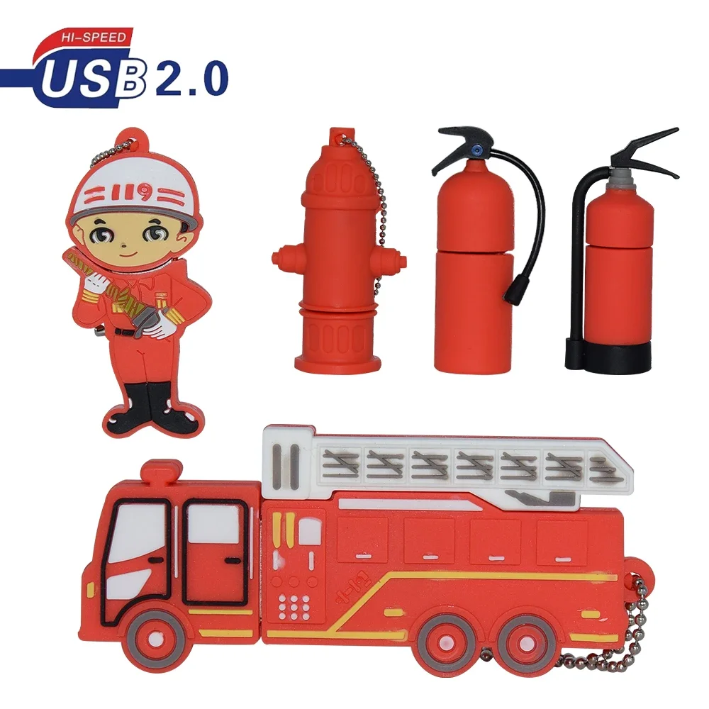 USB2.0 Cartoon Feuerwehrmann Feuerwehrauto-Stil Flash-Laufwerk Wasserdichter Pen-Laufwerk 32 GB Flash-USB-Stick 4G 8 GB 16 GB 64 GB 128 GB Pendrive