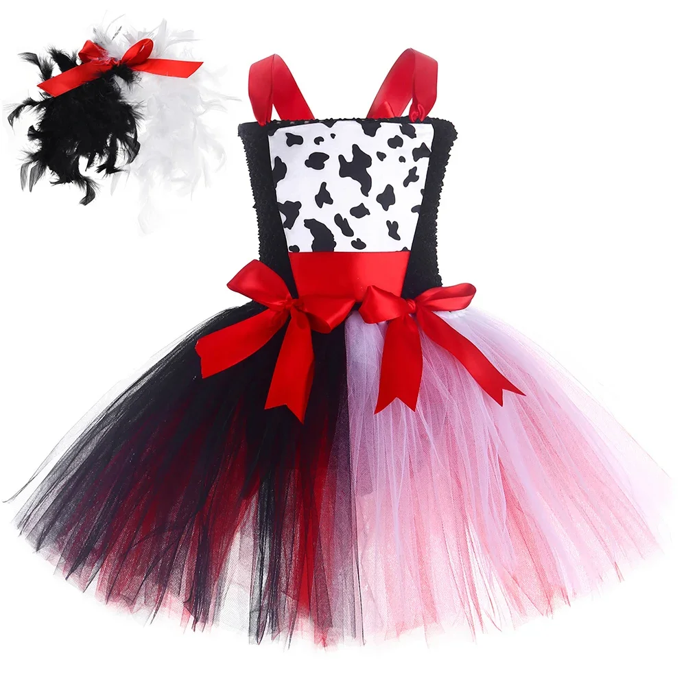 Evil Madame Cruella Tutu Dress for Girls Halloween Party Cosplay Costume Dalmatians Black White Witch Kuila Dresses Kids Clothes