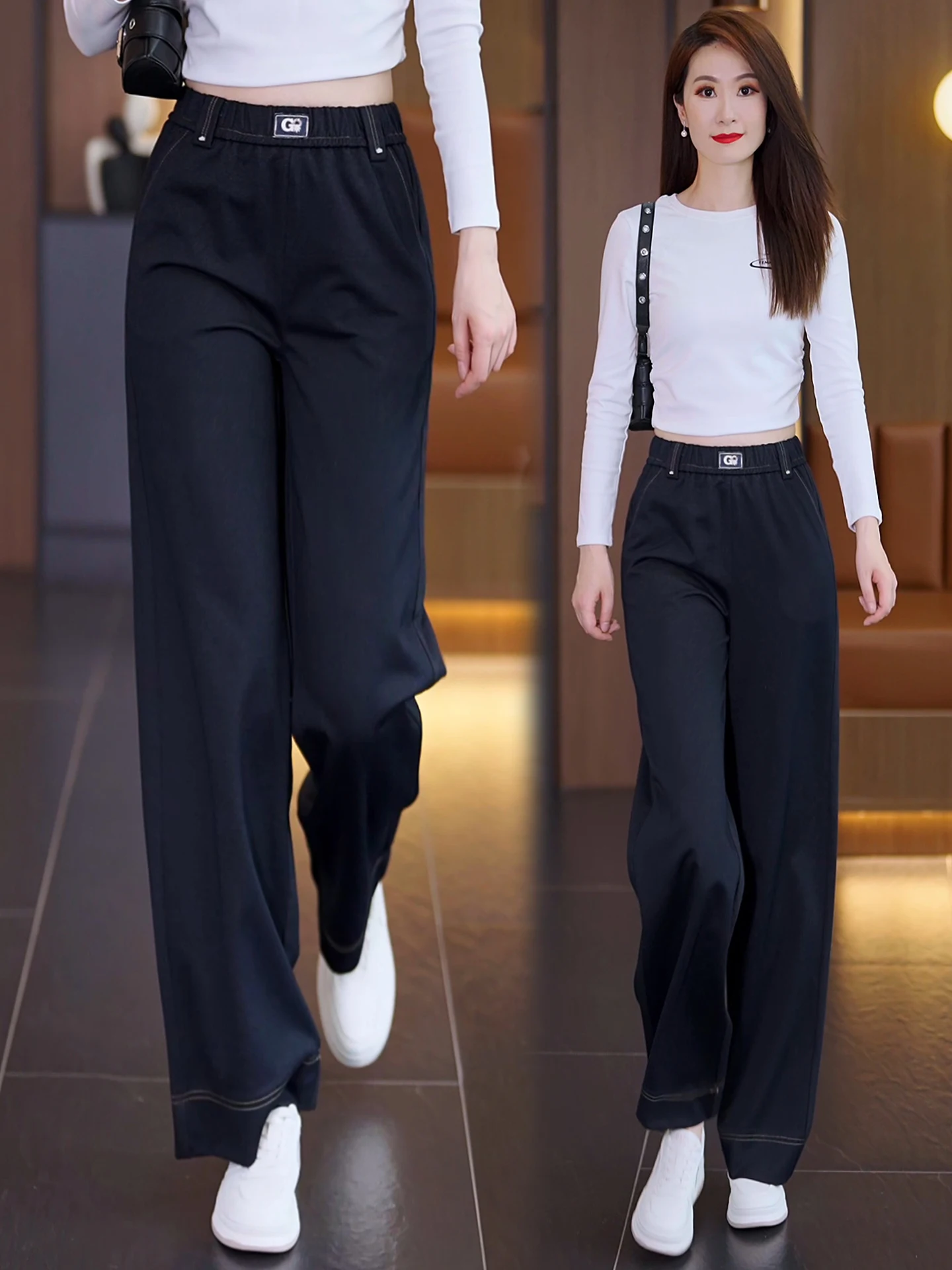 

Slim High Waist Straight Leg Wide Leg Pants Women's Denim Blue Spring Autumn New Style Elastic Loose Slimming Casual Trousers