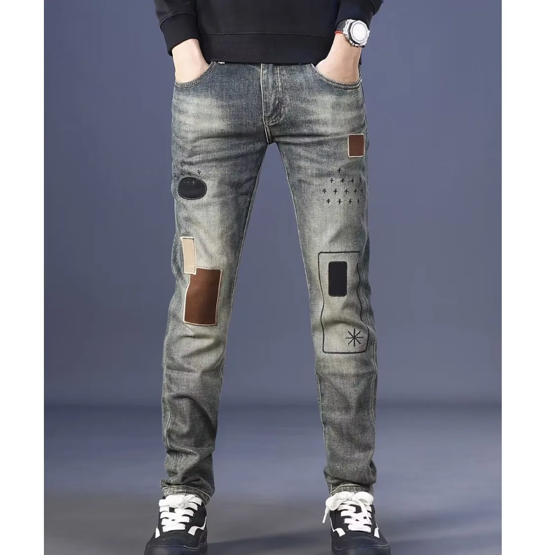 European American New Fashion Men Slim Patched Casual Trendy Simple Basic Daily Embroidered Jeans Male Denim Trousers Clothes