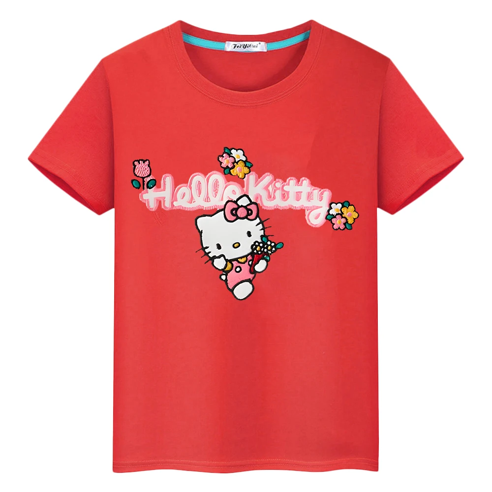 Camiseta con estampado de dibujos animados de hello kitty para niños y niñas, Tops cortos de Anime, ropa de una pieza y2k, 100% algodón, regalo de verano